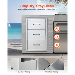 VEVOR Outdoor Kitchen Drawers 16" W x 28.5" H x 20.5" D, Flush Mount Triple Access BBQ Drawers Stainless Steel with
