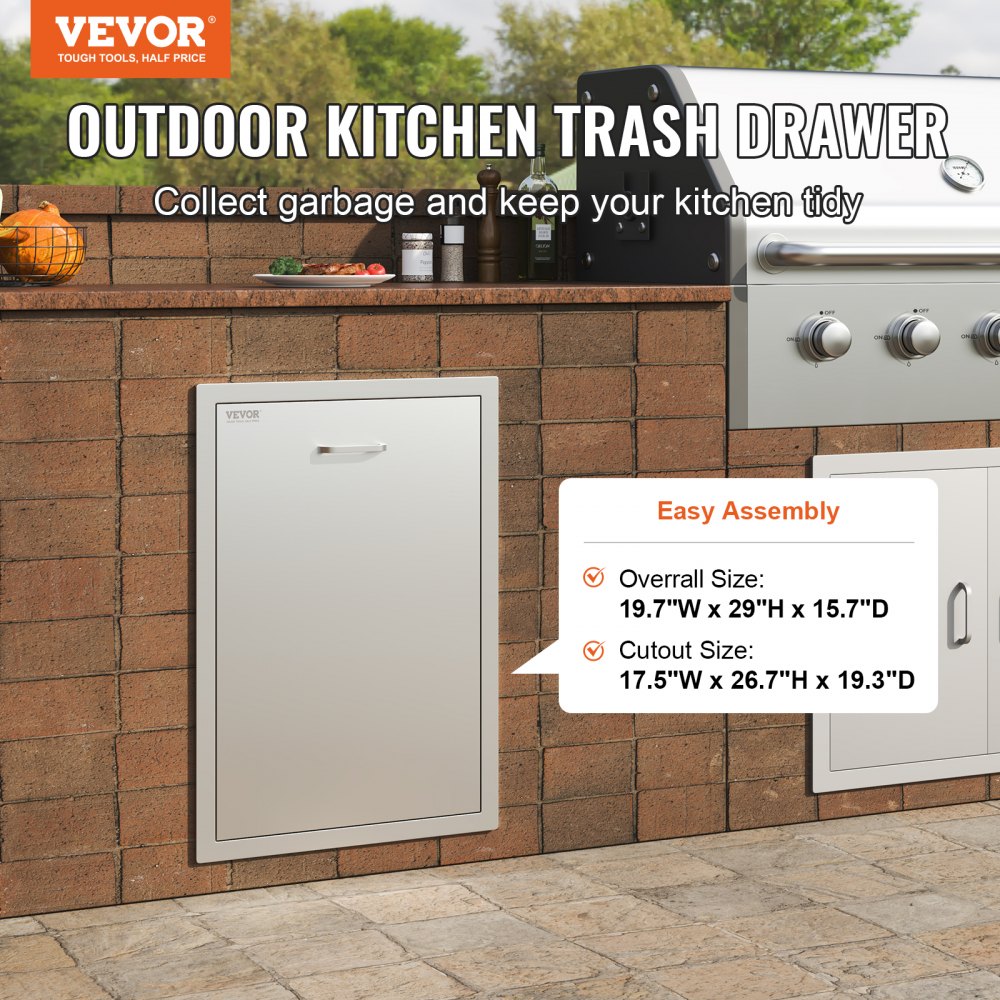 VEVOR Pull Out Trash Drawer 19.7W x 26.5H Inch Outdoor Kitchen Drawers Stainless Steel with Trash Bag Ring for BBQ