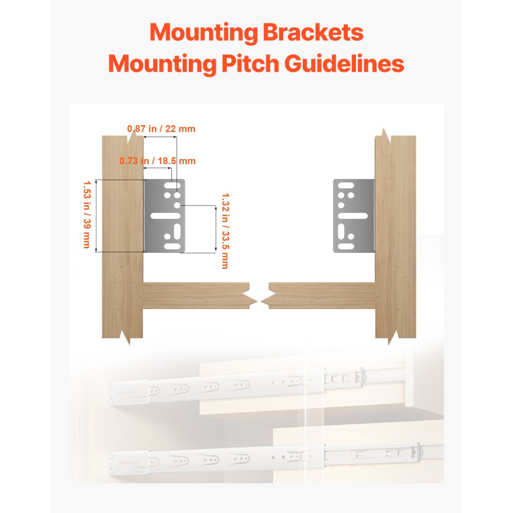 VEVOR Drawer Slides Brackets, 10 Pairs Drawer Rails for 100 LBS Side Mount Ball Bearing Rail, Heavy Duty Cabinet Drawer