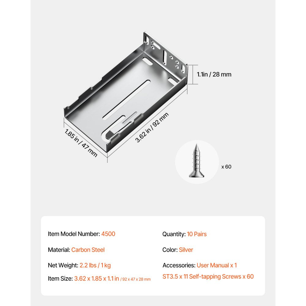VEVOR Drawer Slides Brackets, 10 Pairs Drawer Rails for 100 LBS Side Mount Ball Bearing Rail, Heavy Duty Cabinet Drawer
