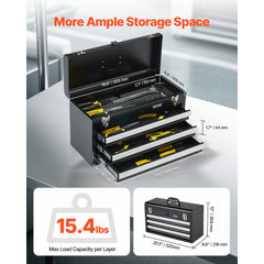 VEVOR Metal Tool Box, 20.5-inch, Portable Metal Tool Box with 3 Drawers, Small Tool Chest with EVA Liners, Ball Bearing