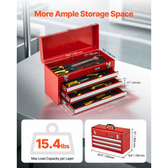 VEVOR Metal Tool Box, 20.5-inch, Portable Metal Tool Box with 3 Drawers, Small Tool Chest with EVA Liners, Ball Bearing
