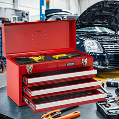 VEVOR Metal Tool Box, 20.5-inch, Portable Metal Tool Box with 3 Drawers, Small Tool Chest with EVA Liners, Ball Bearing