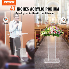 VEVOR Acrylic Podium, 47" Clear Acrylic Podium Stand with Wide Reading Surface & Storage Shelf, Floor-standing Clear