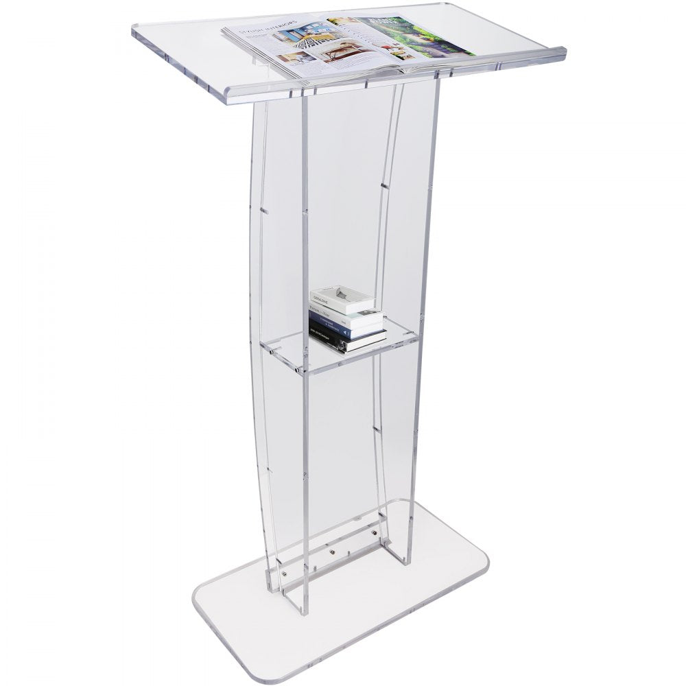 VEVOR Acrylic Podium, 47" Clear Acrylic Podium Stand with Wide Reading Surface & Storage Shelf, Floor-standing Clear