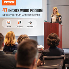 VEVOR Podium Stand, 47 inch Hostess Stand with 4 Rolling Wheels, Wood Podium with Storage Shelves and Slant Desktop