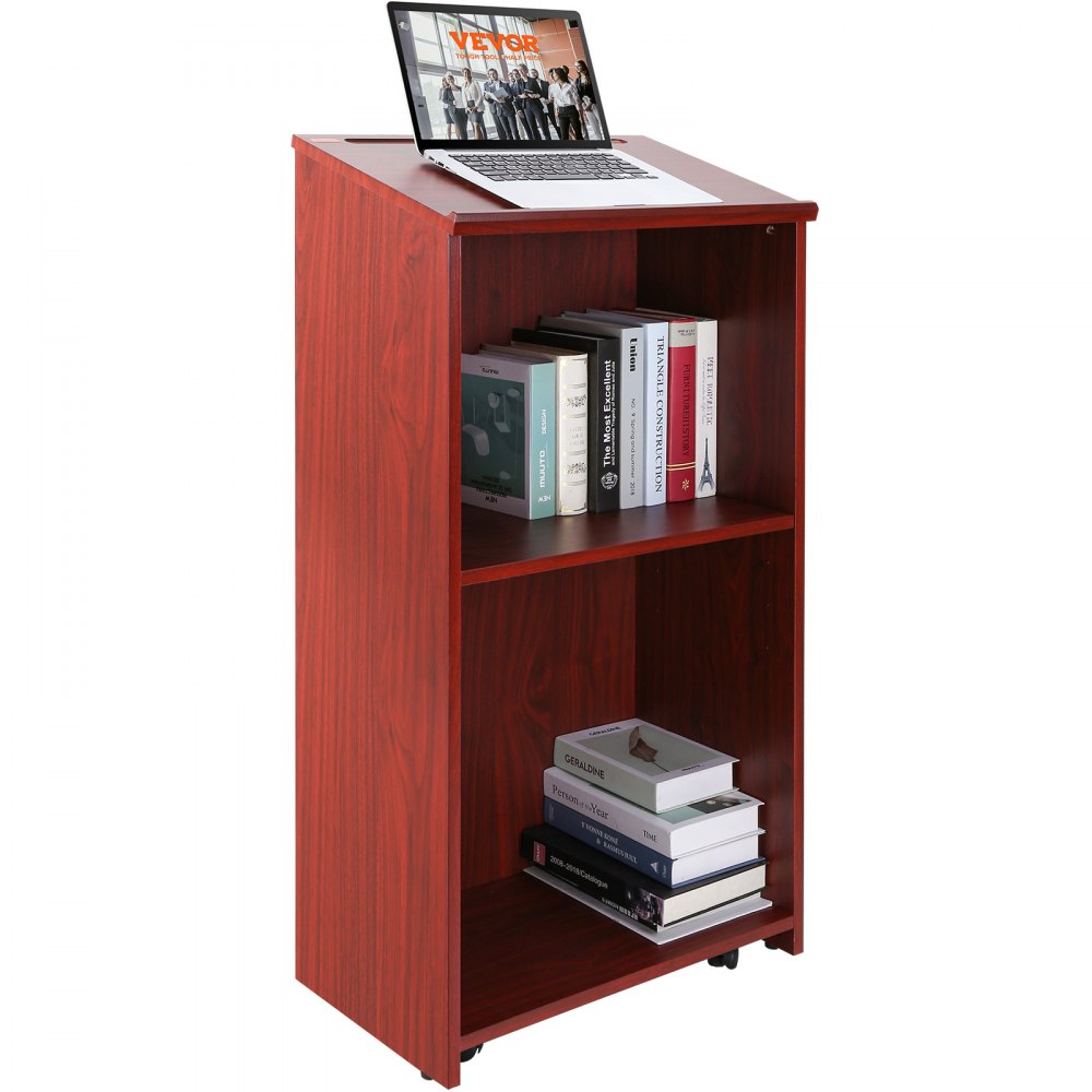 VEVOR Podium Stand, 47 inch Hostess Stand with 4 Rolling Wheels, Wood Podium with Storage Shelves and Slant Desktop