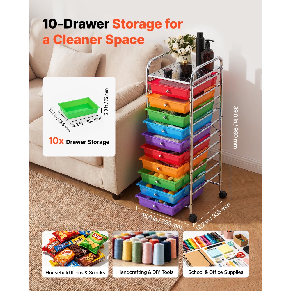VEVOR Rolling Cart with Drawers, 10 Drawer Storage Organizer, Mobile Utility Cart with Steel Frame, Universal Casters &