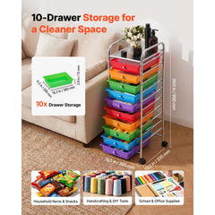 VEVOR Rolling Cart with Drawers, 10 Drawer Storage Organizer, Mobile Utility Cart with Steel Frame, Universal Casters &