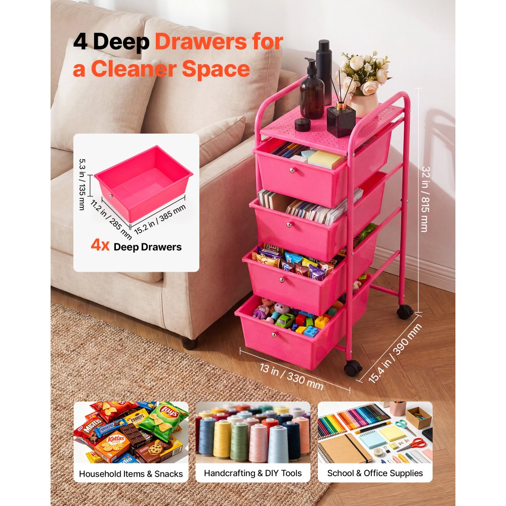 VEVOR Rolling Cart with Drawers, 4 Drawer Storage Organizer, Mobile Utility Cart with Steel Frame, Universal Casters &