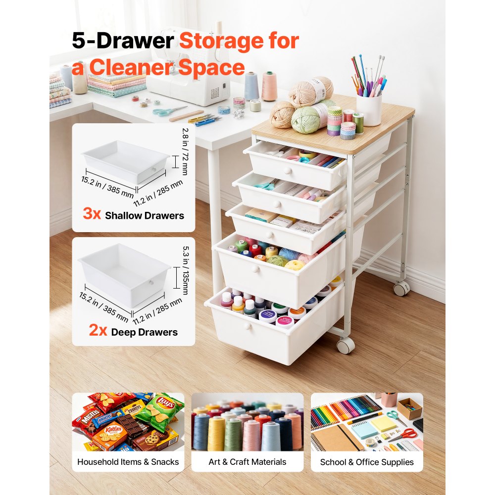 VEVOR Rolling Cart with Drawers, 5 Drawer Storage Organizer, Mobile Utility Cart with Wood Top, Steel Frame, Universal