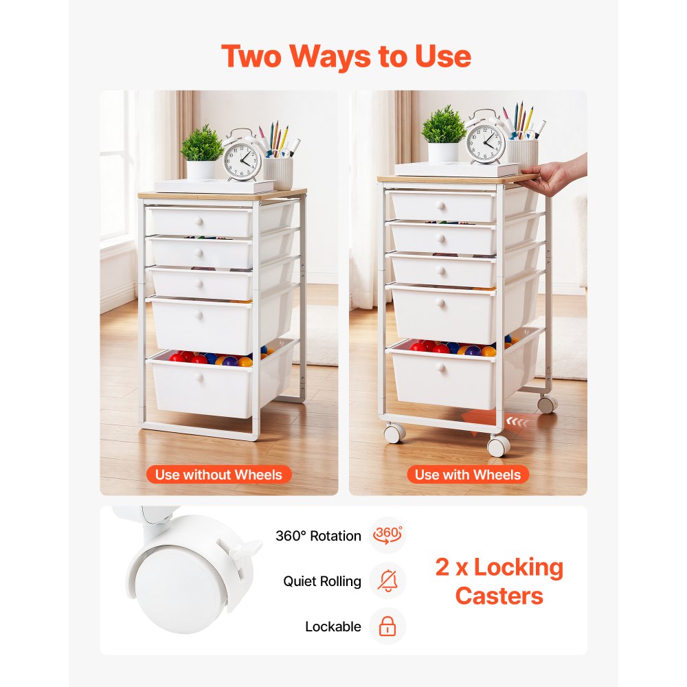 VEVOR Rolling Cart with Drawers, 5 Drawer Storage Organizer, Mobile Utility Cart with Wood Top, Steel Frame, Universal
