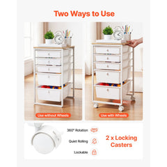 VEVOR Rolling Cart with Drawers, 5 Drawer Storage Organizer, Mobile Utility Cart with Wood Top, Steel Frame, Universal