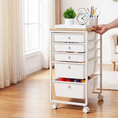 VEVOR Rolling Cart with Drawers, 5 Drawer Storage Organizer, Mobile Utility Cart with Wood Top, Steel Frame, Universal