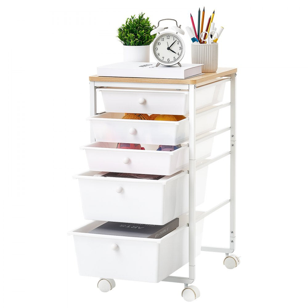 VEVOR Rolling Cart with Drawers, 5 Drawer Storage Organizer, Mobile Utility Cart with Wood Top, Steel Frame, Universal
