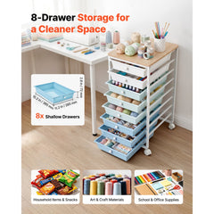 VEVOR Rolling Cart with Drawers, 8 Drawer Storage Organizer, Mobile Utility Cart with Wood Top, Steel Frame, Universal