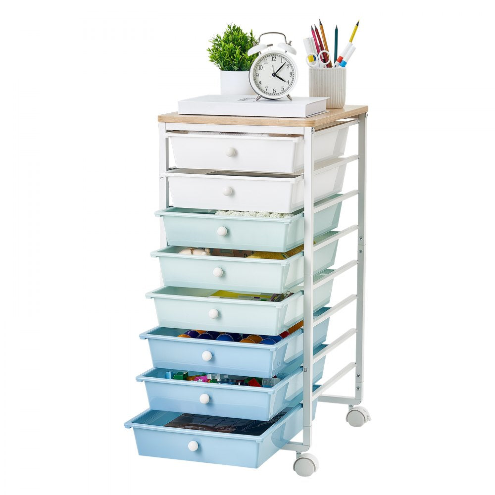 VEVOR Rolling Cart with Drawers, 8 Drawer Storage Organizer, Mobile Utility Cart with Wood Top, Steel Frame, Universal
