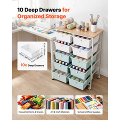 VEVOR Rolling Cart with Drawers, Double Row 10 Drawer Storage Organizer, Mobile Utility Cart, Wood Top, Steel Frame