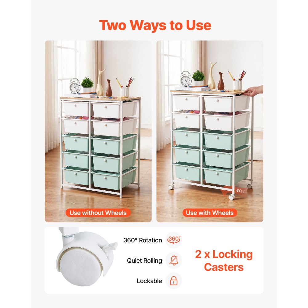 VEVOR Rolling Cart with Drawers, Double Row 10 Drawer Storage Organizer, Mobile Utility Cart, Wood Top, Steel Frame