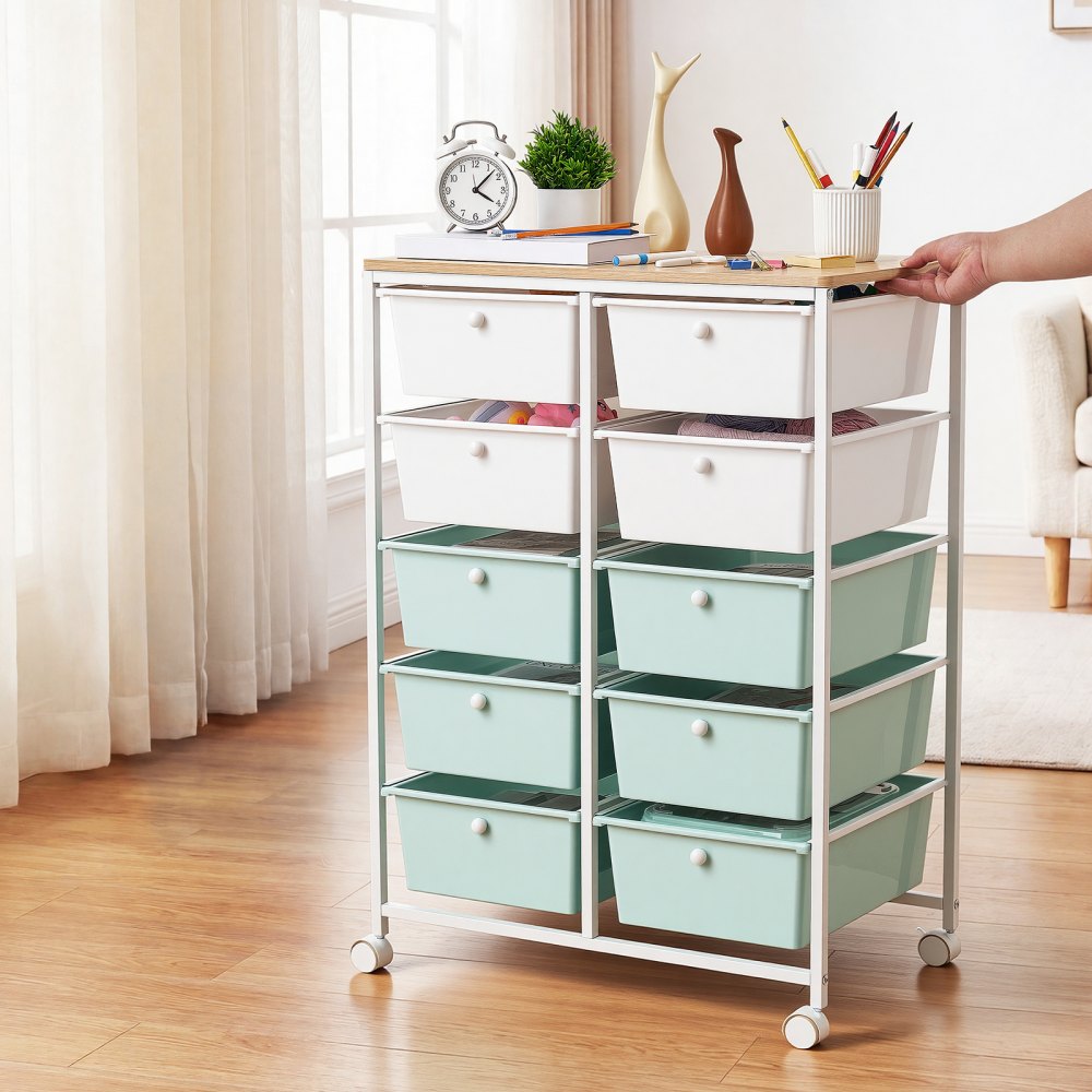 VEVOR Rolling Cart with Drawers, Double Row 10 Drawer Storage Organizer, Mobile Utility Cart, Wood Top, Steel Frame