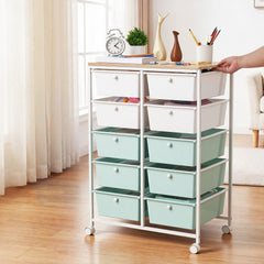 VEVOR Rolling Cart with Drawers, Double Row 10 Drawer Storage Organizer, Mobile Utility Cart, Wood Top, Steel Frame