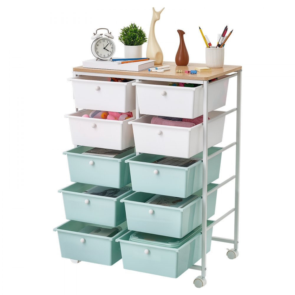 VEVOR Rolling Cart with Drawers, Double Row 10 Drawer Storage Organizer, Mobile Utility Cart, Wood Top, Steel Frame