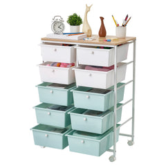 VEVOR Rolling Cart with Drawers, Double Row 10 Drawer Storage Organizer, Mobile Utility Cart, Wood Top, Steel Frame