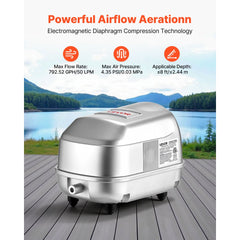 VEVOR Linear Air Pump, 792.52 GPH Air Flow, Septic Aerator Pump, Aeration System for 8 ft Deep Ponds, Fit for Septic