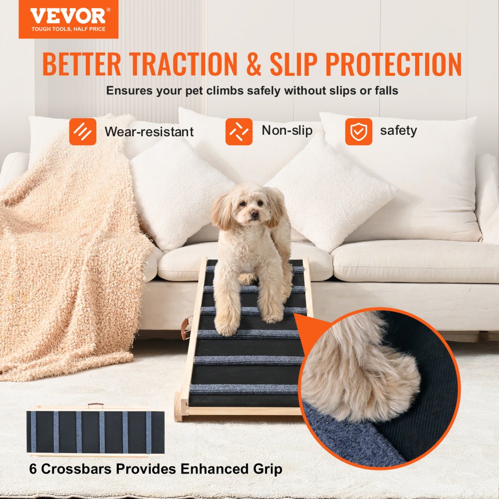VEVOR Dog Ramp, Folding Pet Ramp for Bed, Adjustable Dog Ramp for Small, Large, Old Dogs & Cats, Wooden Pet Ramp with