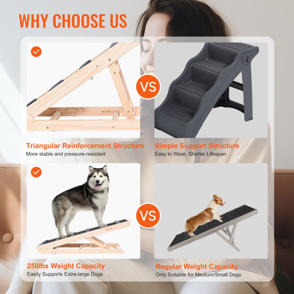 VEVOR Dog Ramp, Folding Pet Ramp for Bed, Adjustable Dog Ramp for Small, Large, Old Dogs & Cats, Wooden Pet Ramp with