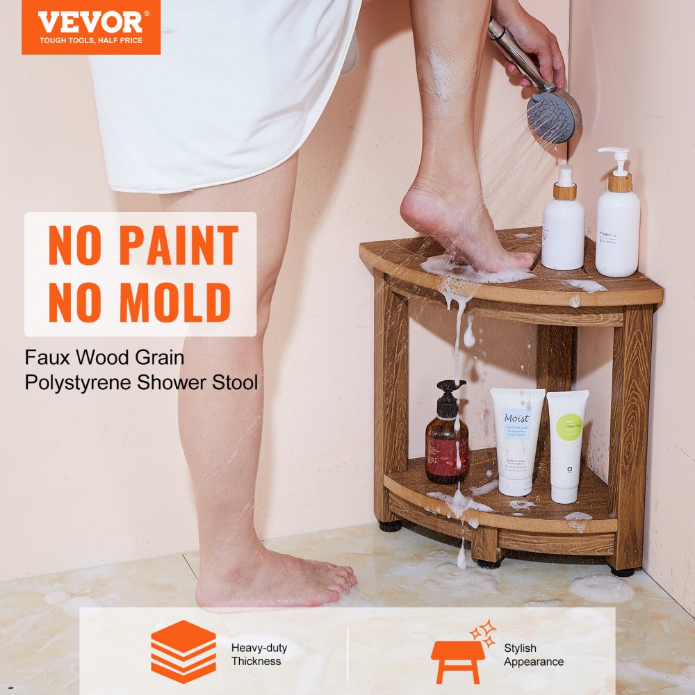 VEVOR Corner Shower Bench, 16.5" Height 12.8" Radius, Faux Wood Grain Polystyrene, 350 LBS with Storage Shelf, Water