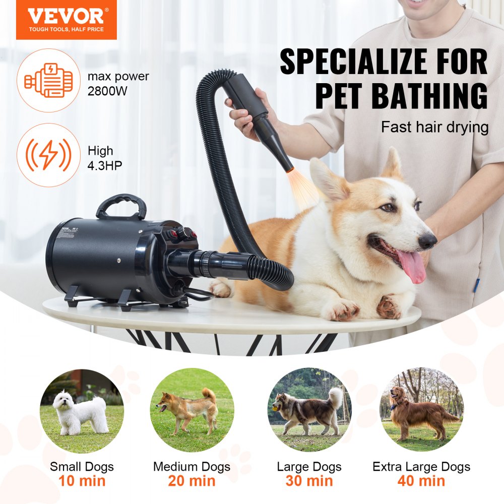VEVOR Dog Dryer, 2000W/2.7HP Dog Blow Dryer, Pet Grooming Dryer with Adjustable Speed and Temperature Control, Pet Hair