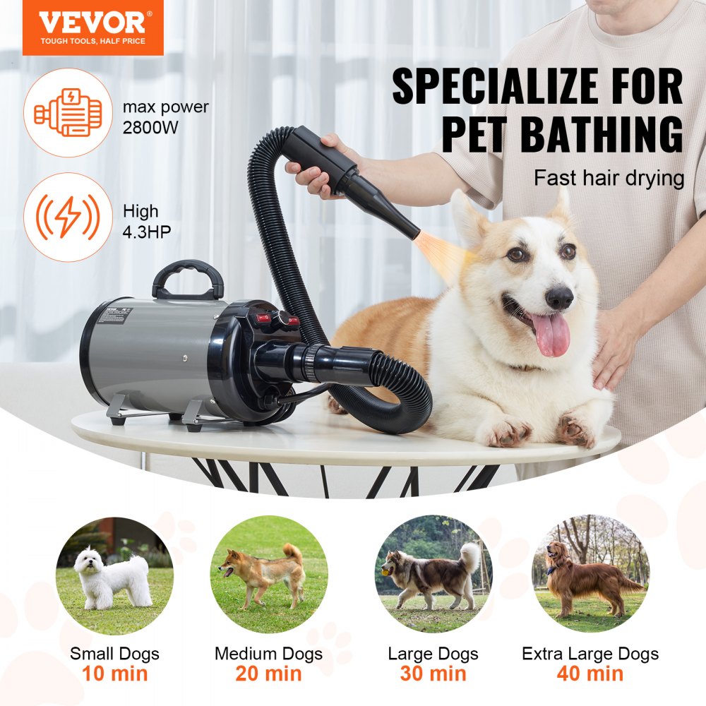 VEVOR Dog Dryer, 2000W/2.7HP Dog Blow Dryer, Pet Grooming Dryer with Adjustable Speed and Temperature Control, Pet Hair