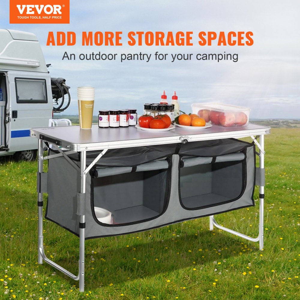 VEVOR Camping Kitchen Table, Quick set-up Folding Camping Table with A Carrying Bag, 3 Adjustable Heights, MDF Camping