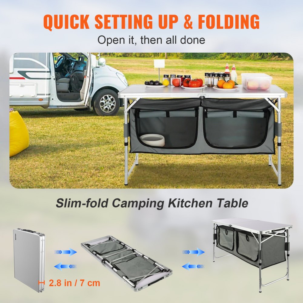 VEVOR Camping Kitchen Table, Quick set-up Folding Camping Table with A Carrying Bag, 3 Adjustable Heights, MDF Camping