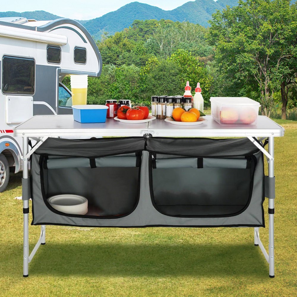 VEVOR Camping Kitchen Table, Quick set-up Folding Camping Table with A Carrying Bag, 3 Adjustable Heights, MDF Camping