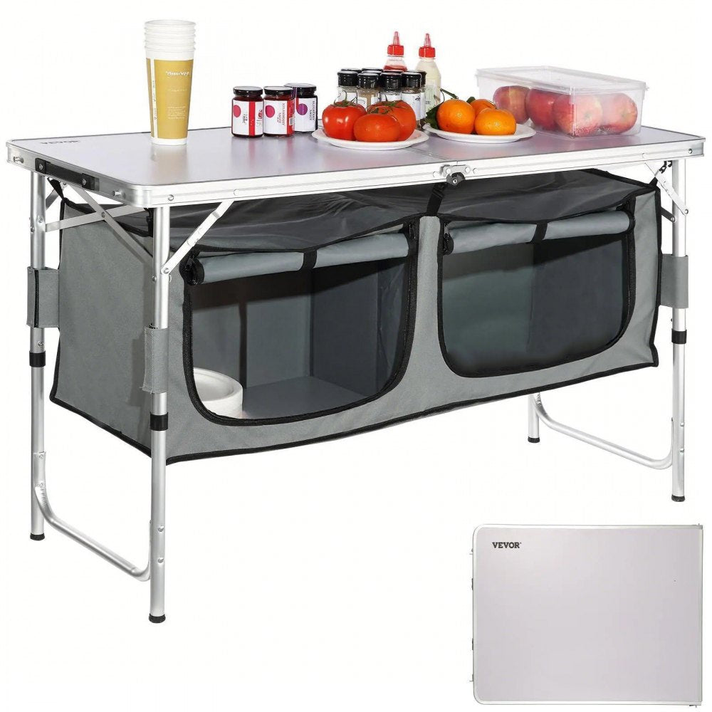 VEVOR Camping Kitchen Table, Quick set-up Folding Camping Table with A Carrying Bag, 3 Adjustable Heights, MDF Camping