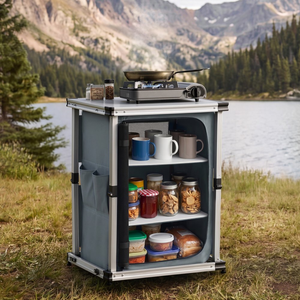 VEVOR Folding Camping Storage Cabinet, Outdoor Portable Aluminum Lightweight Table, Quick Set-up Compact Kitchen Cook