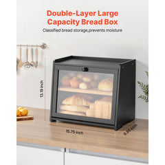 VEVOR Double Layer Bread Box for Kitchen Counter, Large Capacity Bamboo Bread Storage Container, Farmhouse Wooden