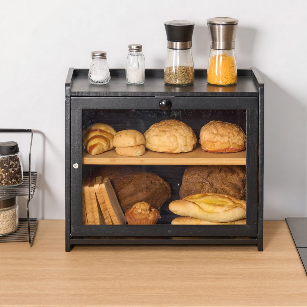 VEVOR Double Layer Bread Box for Kitchen Counter, Large Capacity Bamboo Bread Storage Container, Farmhouse Wooden