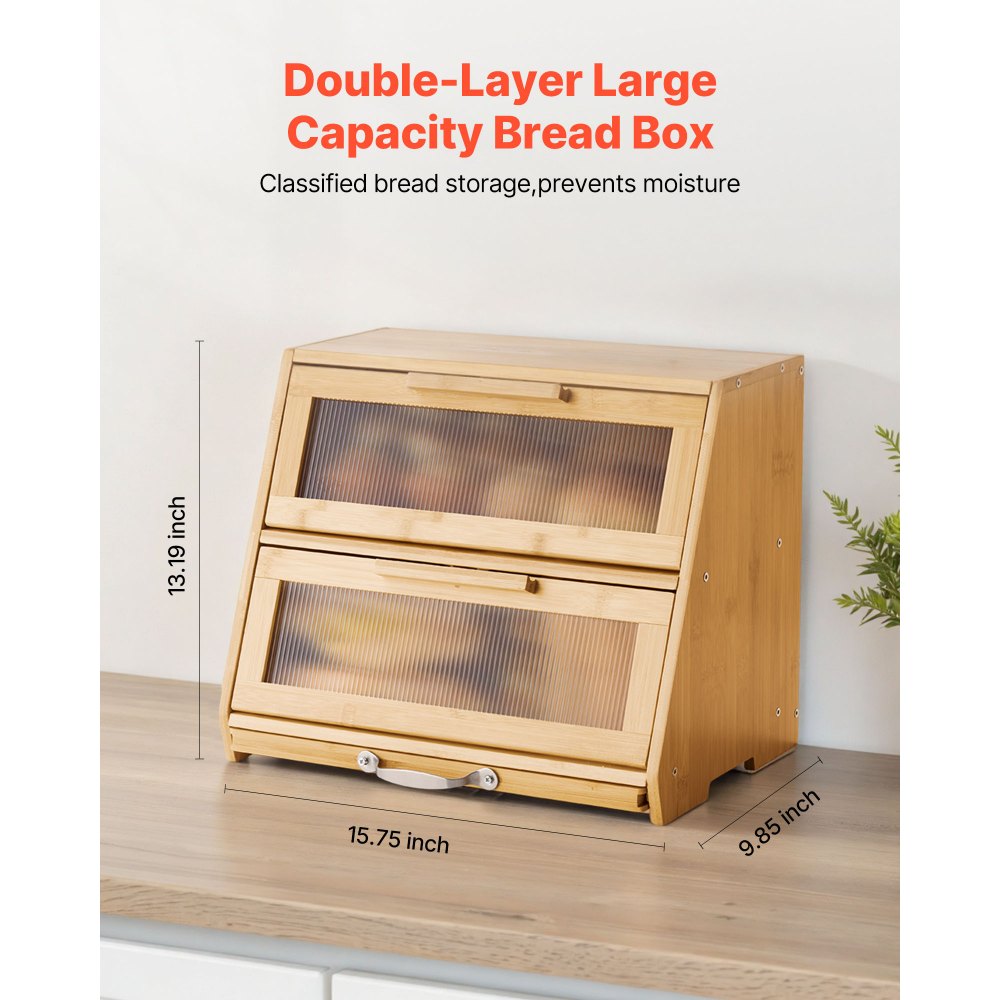 VEVOR Double Layer Bread Box for Kitchen Counter, Large Capacity Bamboo Bread Storage Container, Farmhouse Wooden