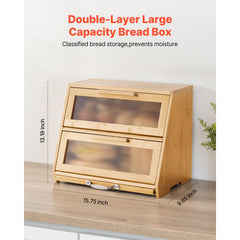 VEVOR Double Layer Bread Box for Kitchen Counter, Large Capacity Bamboo Bread Storage Container, Farmhouse Wooden