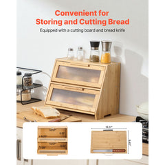 VEVOR Double Layer Bread Box for Kitchen Counter, Large Capacity Bamboo Bread Storage Container, Farmhouse Wooden