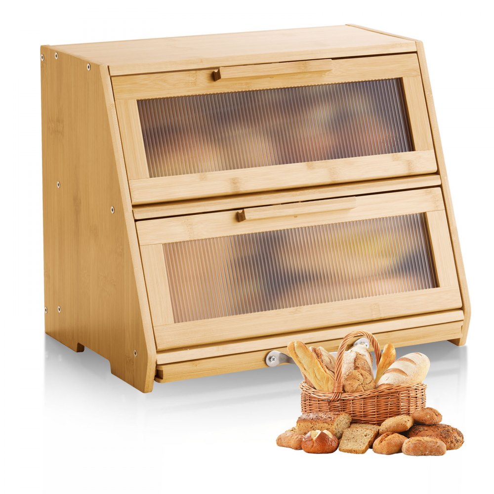 VEVOR Double Layer Bread Box for Kitchen Counter, Large Capacity Bamboo Bread Storage Container, Farmhouse Wooden