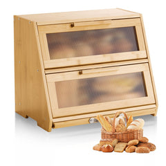 VEVOR Double Layer Bread Box for Kitchen Counter, Large Capacity Bamboo Bread Storage Container, Farmhouse Wooden