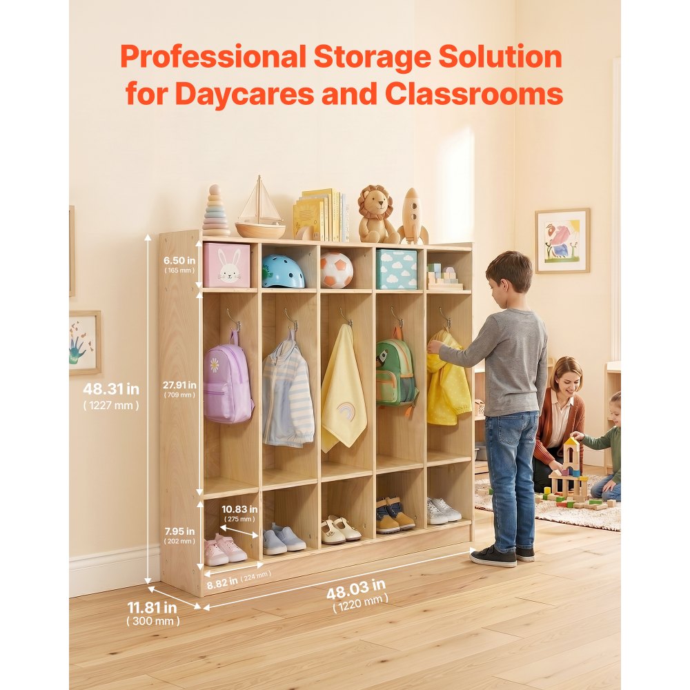 VEVOR Coat Locker, 5-Section Daycare Cubby Coat Rack 48x12x48 inch, Classroom Coat Locker and Backpack Hanger, with 5