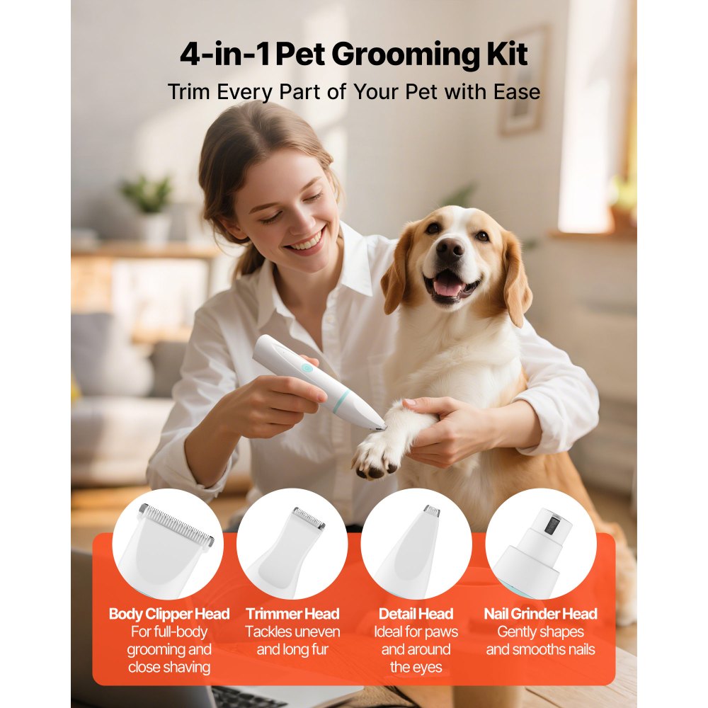 VEVOR Dog Clippers for Grooming, 4 in 1 Dog Grooming Kit, Low Noise, Rechargeable Pet Shaver with 6 Combs & 4