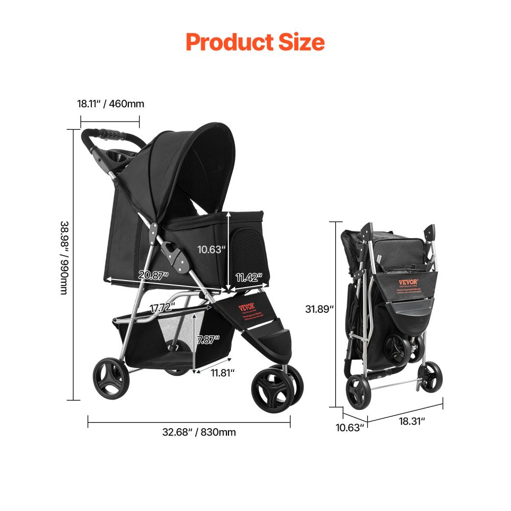 VEVOR Pet Stroller, 35 lbs Weight Capacity, Foldable Dog Stroller Cart, 3 Wheels Cats Stroller with Mesh Windows and