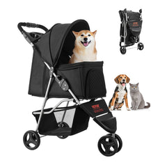 VEVOR Pet Stroller, 35 lbs Weight Capacity, Foldable Dog Stroller Cart, 3 Wheels Cats Stroller with Mesh Windows and