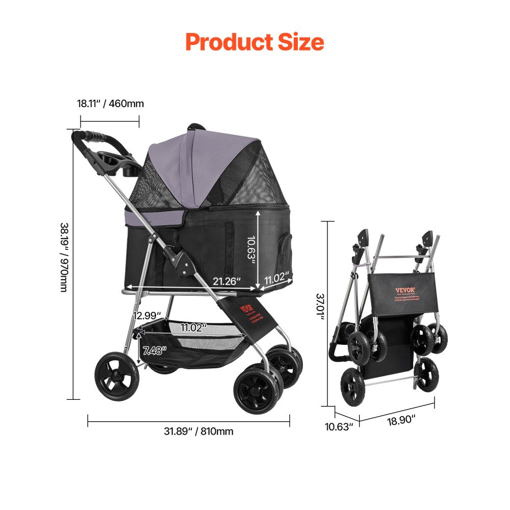VEVOR Pet Stroller, 35 lbs Weight Capacity, Foldable Dog Stroller Cart, 4 Wheels Cats Pram with Detachable Carrier &